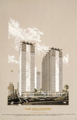 View of Towers from Sunset and Vine, 1961: Copyright Carlos Diniz. Image courtesy of Edward Cella Art+Architecture. Paul R. Williams and David Jacobson, Architects.