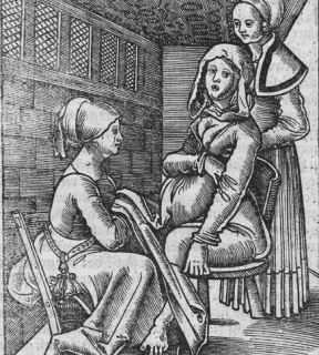 Illustration from earliest printed manual for midwives