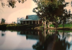 Cass Ranch House, Telmecula, CA: Pond view of house at original location, courtesy of Roripaugh Family, no date