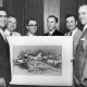 St. Jude representatives hold Paul R. Williams' 1959 proposed architectural sketch: Memphis Press Scimitar, Special Collections University of Memphis Libraries